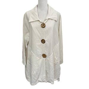 Kaya 100% Linen Lagenlook Wood Button Front Blouse Tunic Pockets White size S/M